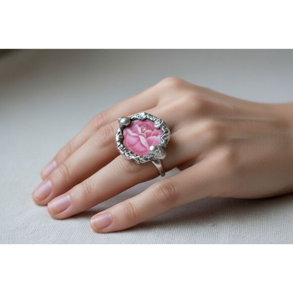 Alma Antigua Jewelry - Studio Crafted Broken China Ring W/ Antique Silver Plated Spoon Bowl Band  Sz 9